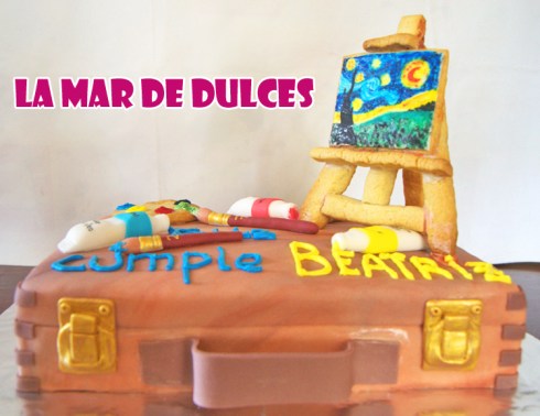 Tarta fondant de maletín de pintura al óleo