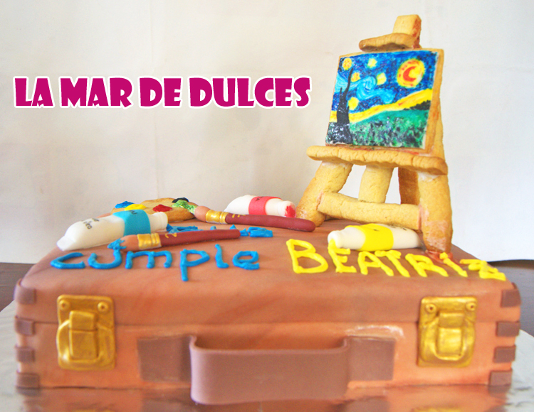 Tarta fondant de maletín de pintura al óleo