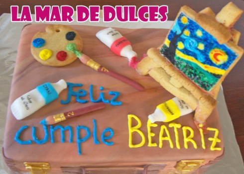 Tarta fondant de maletín de pintura al óleo