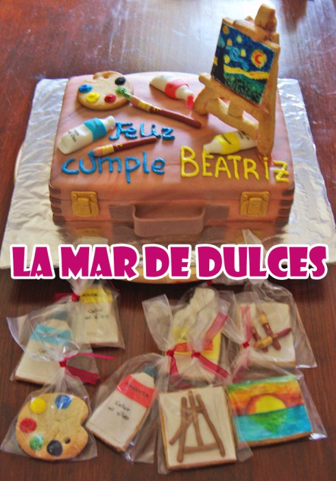 Tarta y galletas fondant de pintura al óleo